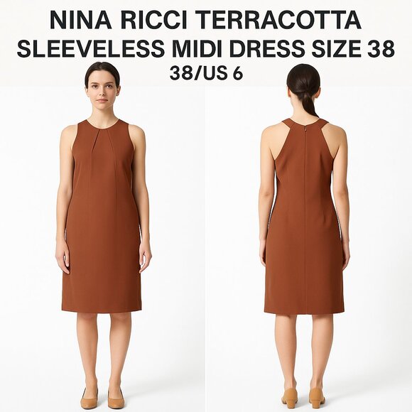 NINA RICCI TERRACOTTA SLEEVELESS MIDI DRESS SIZE 38/US 6 - Picture 1 of 9